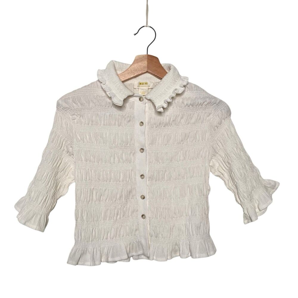 MAEVE Anthropologie Smocked Button Front Top XS Ivory Natural Cottagecore Chic - Picture 13 of 16